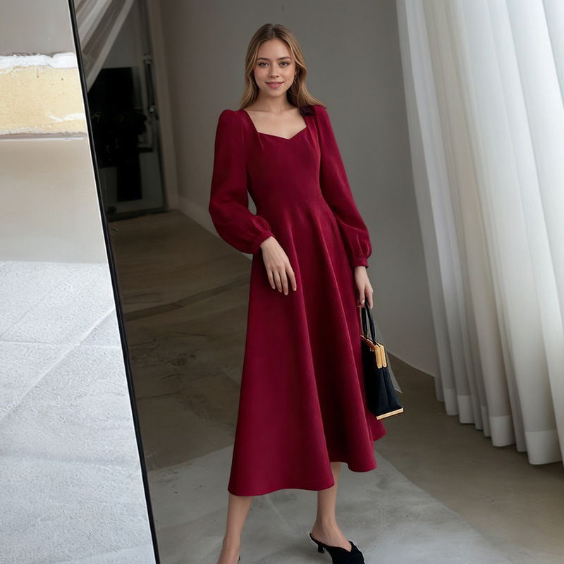 Amazon Aliexpress Spring New Style Elegant Ladylike Style French Elegant Square Neck Waist-Cinching Mid-Length Dress for Women Amazon Aliexpress Spring New Style Elegant Ladylike Style French Elegant Square Neck Waist-Cinching Mid-Length Dress for Women
