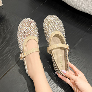 New Style Rhinestone Mesh Breathable Flat Buckle Mary Jane Shoes for Women Ballet Shoes