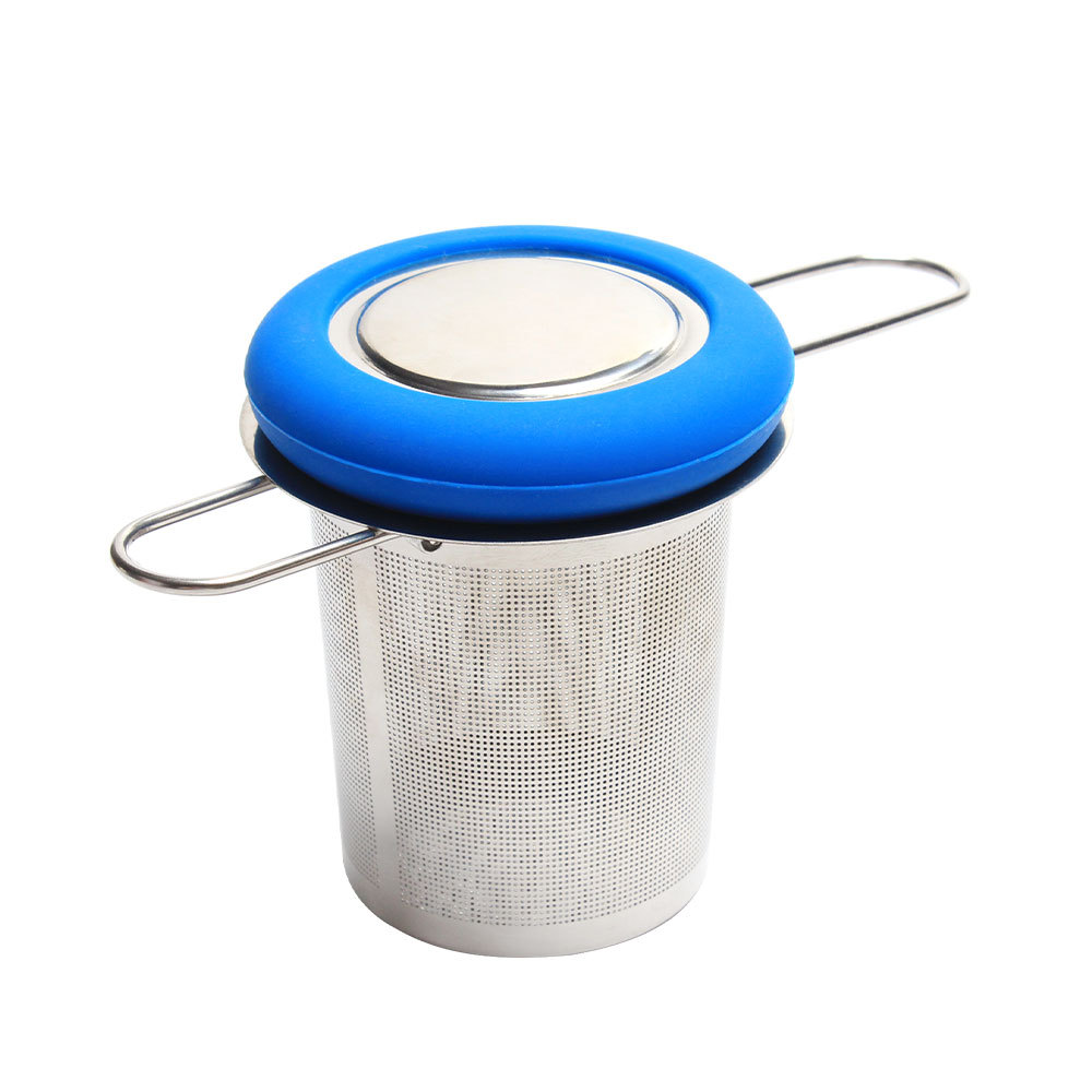 Colador de té azul único plegable con tapa