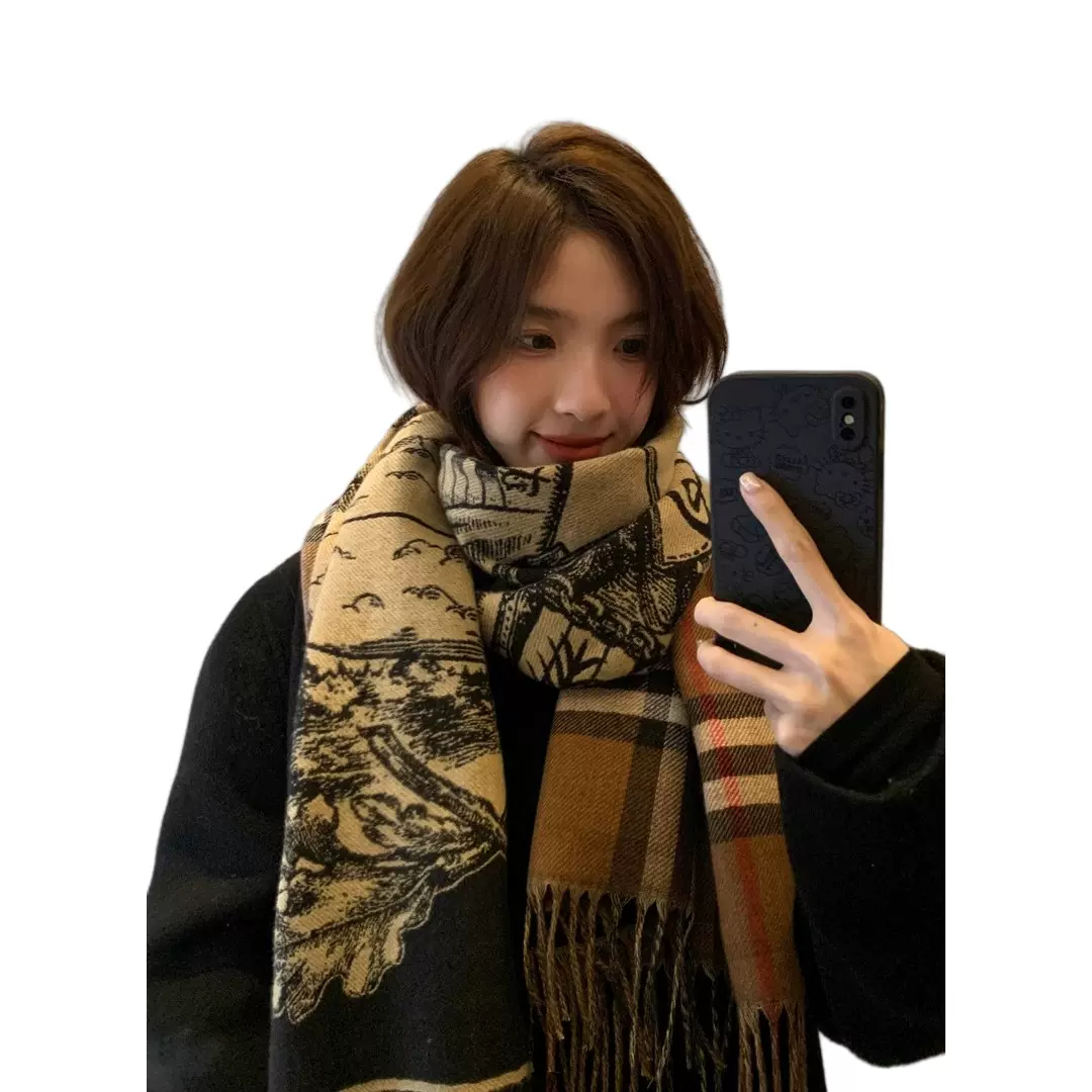 加厚款战马格子双面仿羊绒围巾女秋冬季新款流苏保暖外搭披肩围脖