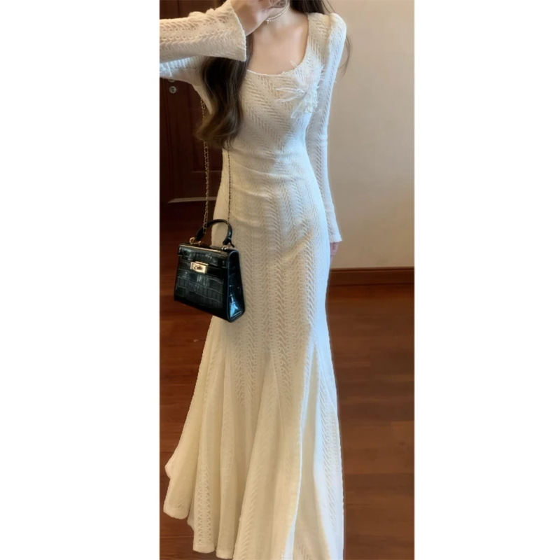 French Style Pure Desire Thickened Long-sleeved Lace dress Women's Autumn and Winter New Waist Fishtail Long Dress Dress Pullover