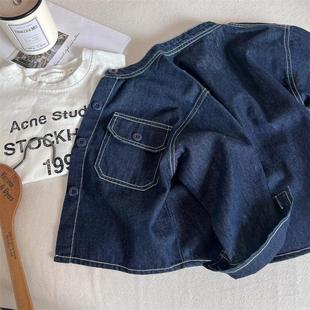 Children's Shirts 2025 Spring and Summer Styles for Boys and Girls Personalized Round Neck Shirts Baby Pure Color Simple Denim Jacket