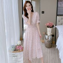 短袖雪纺连衣裙子女韩版夏季新款ins超仙学生V领森系碎花仙女长裙