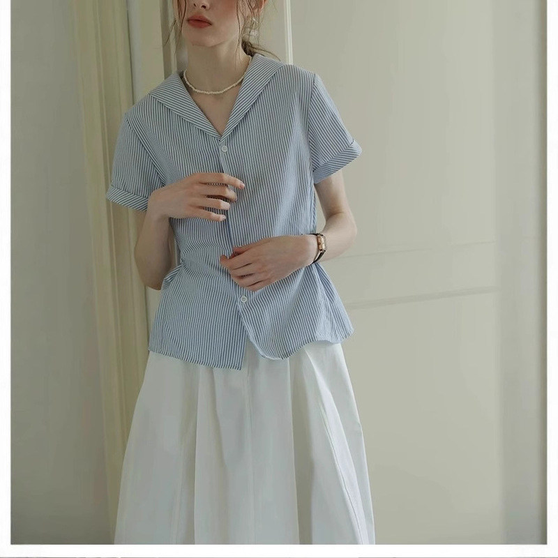 Spring White French Commuter Navy Collar Blue Stripesd Short-Sleeved Shirt Women's Summer Preppy Style Age-Reducing Slimming Look Top