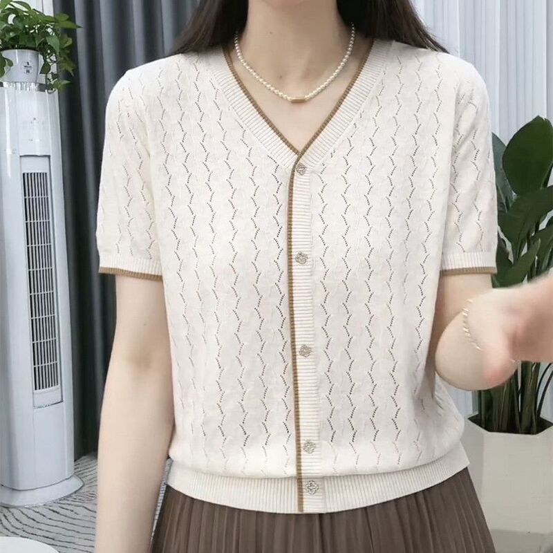 サマーカウンター半袖本物の新しい2025ニットセーターファッショナブルなルーズTシャツ薄手のトップオフホワイト|undefined