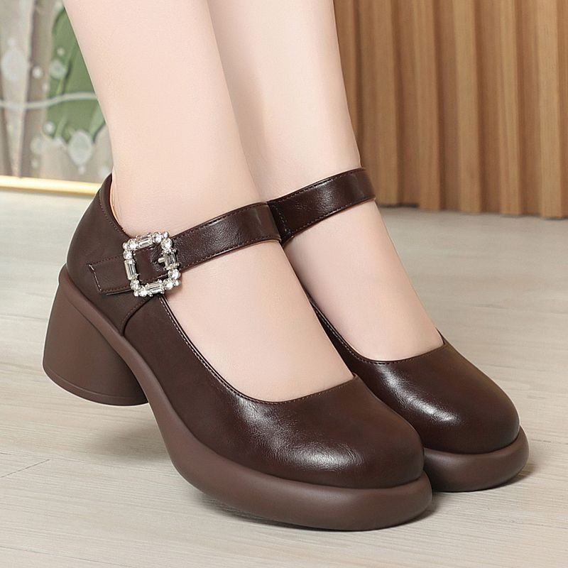 2026 zapatos de cuero retrógrados redondos con una hebilla, zapatos Mary Jane de talón grueso y suave, zapatos de moda para mujeres superficiales
