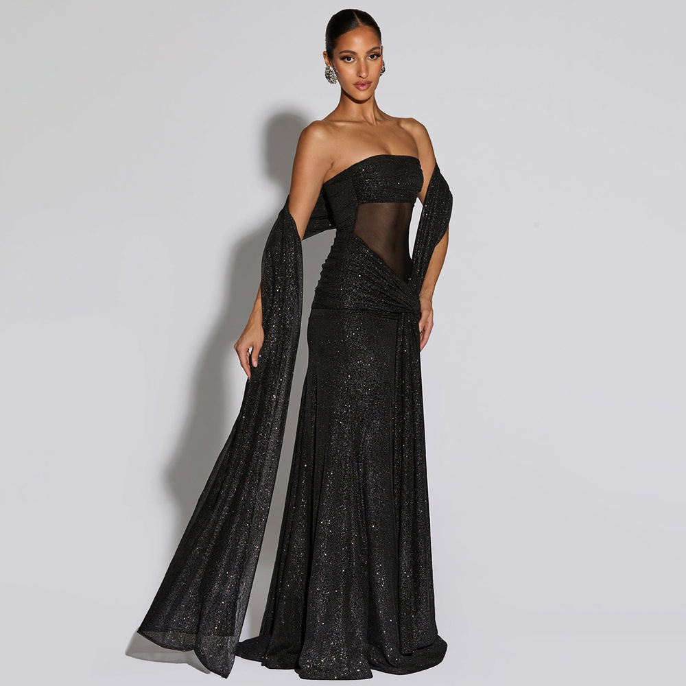 European and American Foreign Trade Hot-Selling New Banquet Evening Dress Sexy and Elegant Tube Top One-Line Collar Slim Silver Dress for Women