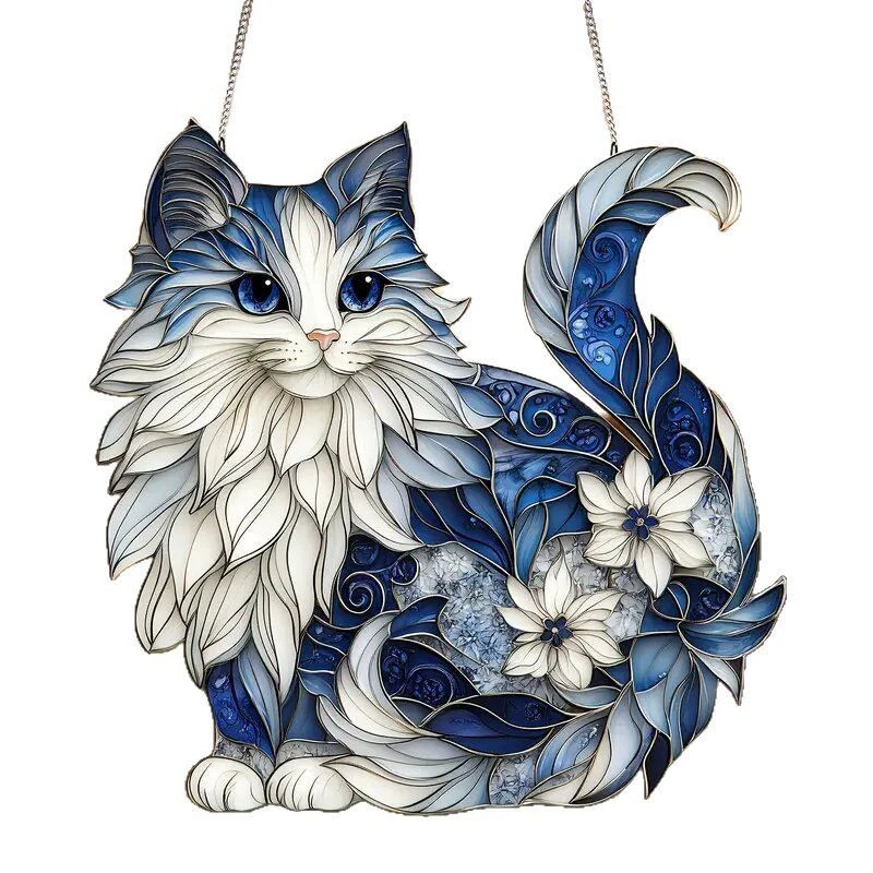 Acrílico transfronterizo gato azul puertas y ventanas colgantes de decoración de pared doméstica colgantes de cadena captador de sol colgantes
