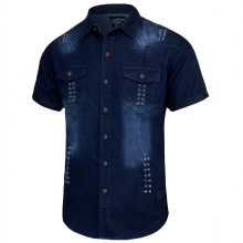 跨境直供时尚新款潮流 牛仔短袖破洞双口袋男士休闲衬衫欧美男装