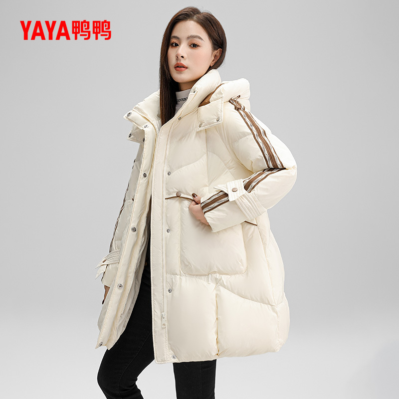 Duck Duck Ski down Jacket for Women, Mid-Length, 2025 Winter New Product, Hooded, Loose Fit, High Weight, Warm and Thickened Coat H