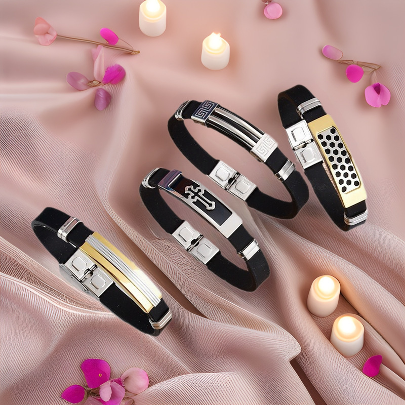 Fashion Small Bracelet Simple Cross Geometric Electroplated Black Gold Men's and Women's Solid Color Stainless Steel Silicone Bracelet Fashion Small Bracelet Simple Cross Geometric Electroplated Black Gold Men's and Women's Solid Color Stainless Steel Silicone Bracelet