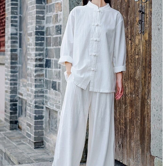 Cotton and Linen Retro Stand-Collar Chinese Style Tang Suit, Spring and Autumn Tai Chi Clothing, Women's Zen-Inspired Plus-Size Top, Men's Traditional Hanfu Shirt
