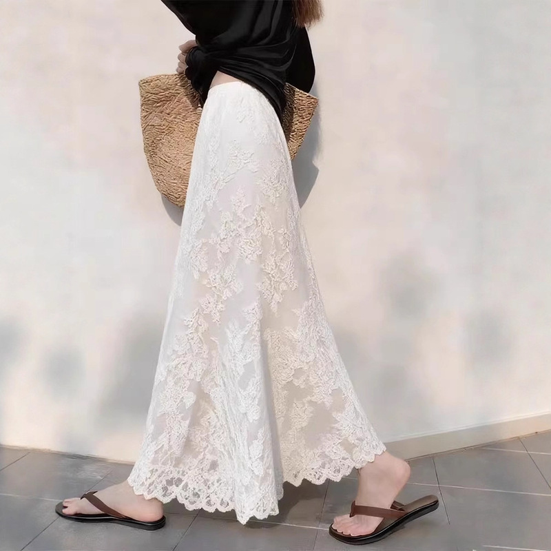 Autumn Design with a Unique and Elegant Drape, White Lace High-Waisted Slimming A-Line Long Skirt for Women