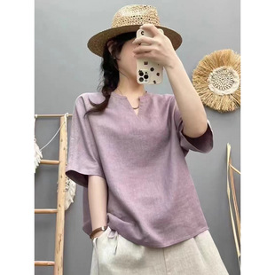 Retro Women's Summer 2025 New Loose Cotton and Linen Tops Short Short-Sleeved Shirts