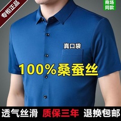 ピエールカルダンマルベリーシルク半袖 Tシャツシャツメンズソリッドラペルアイスシルクリアルポケットシルク裏地卸売