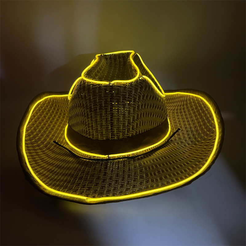#614-3 3V无线款-草帽发光牛仔帽(翘沿卡其)(黄色)