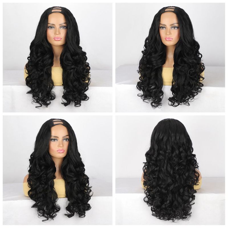 欧米国境を越えた黒いふわふわU型フルヤキかつら長いカールの髪の半分のカバーUパートWigs|undefined
