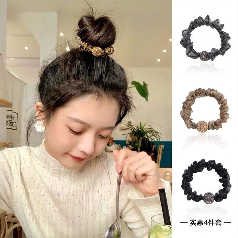 Organza Hair Rope Rubber Band Women's High Elastic Ponytail Small Intestinal Ring Hair Rhinestone Hair Rope All-match Internet Celebrity Hair Ring Hair Accessories