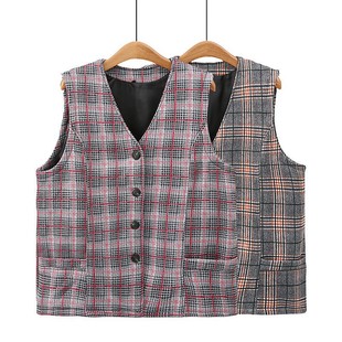 Spring and Autumn New Middle-aged and Elderly Mother's Collarless Vest Loose Wearing Plaid Vest Double-layer Women's Vest