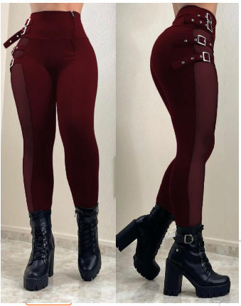 2022 deseo europeo y americano color sólido cintura alta apretado pantalones flacos split remache doble botonadura sexy bottoming pantalones para mujeres chic