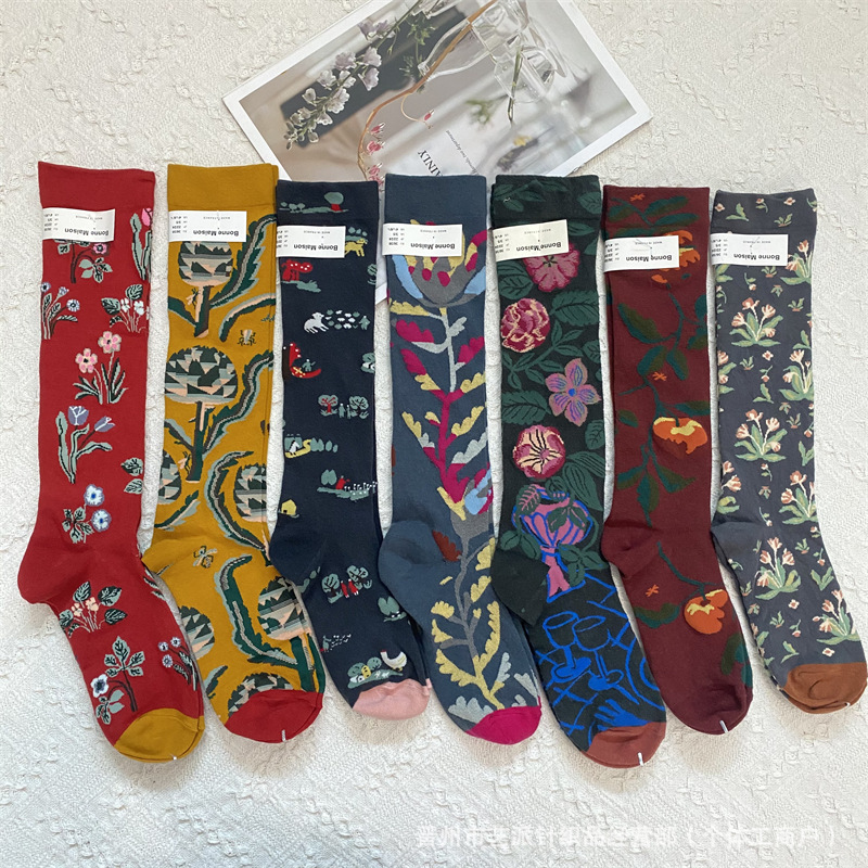 Calzini floreali alla moda con stampa a olio BM francese, da 2025d, sopra il ginocchio, con polpaccio._voghion.com