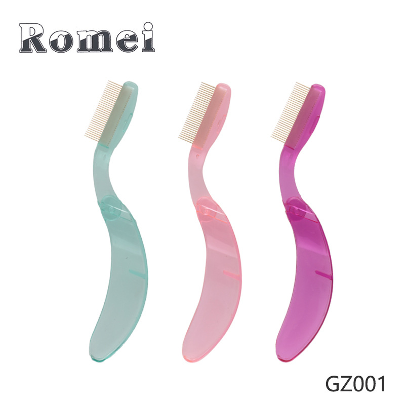 Plegable de acero inoxidable aguja ceja peine/pestañas peine curvado mango de plástico ceja peine herramienta de la belleza