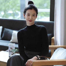 100%纯羊毛法式黑色半高领打底衫女羊绒针织衫修身高级感中领毛衣