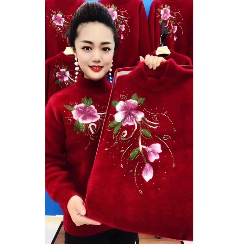 Леди норковый бархатный свитер осень-зима маленькая мама толстая нижняя рубашка средний пожилой зимний теплый топ