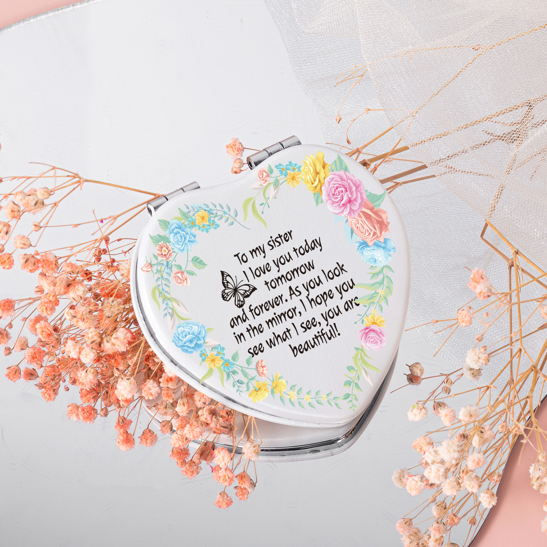 Espejo portátil con funda de PU en forma de corazón, estilo ins