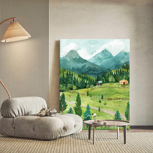 Niche Art Living Room Decorative Painting Floor-Standing Green Scenery Mountain Field Hand-Painted Oil Painting Entrance Hall Hanging Painting Wall