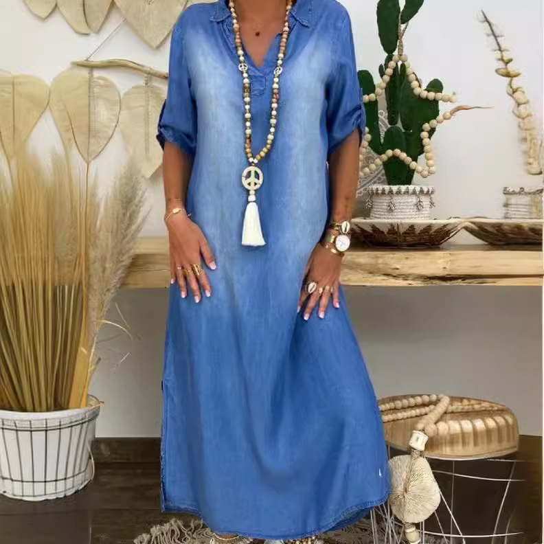 2024 European and American large size loose women's washed denim dress foreign trade new