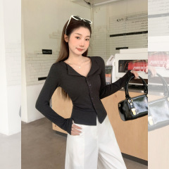 韩系POLO领长袖T恤开衫女装早秋穿搭外穿高级感抽褶修身显瘦上衣