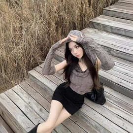 欧美废土风复古连帽吊带背心女夏季无袖外穿气质修身破洞袖套上衣
