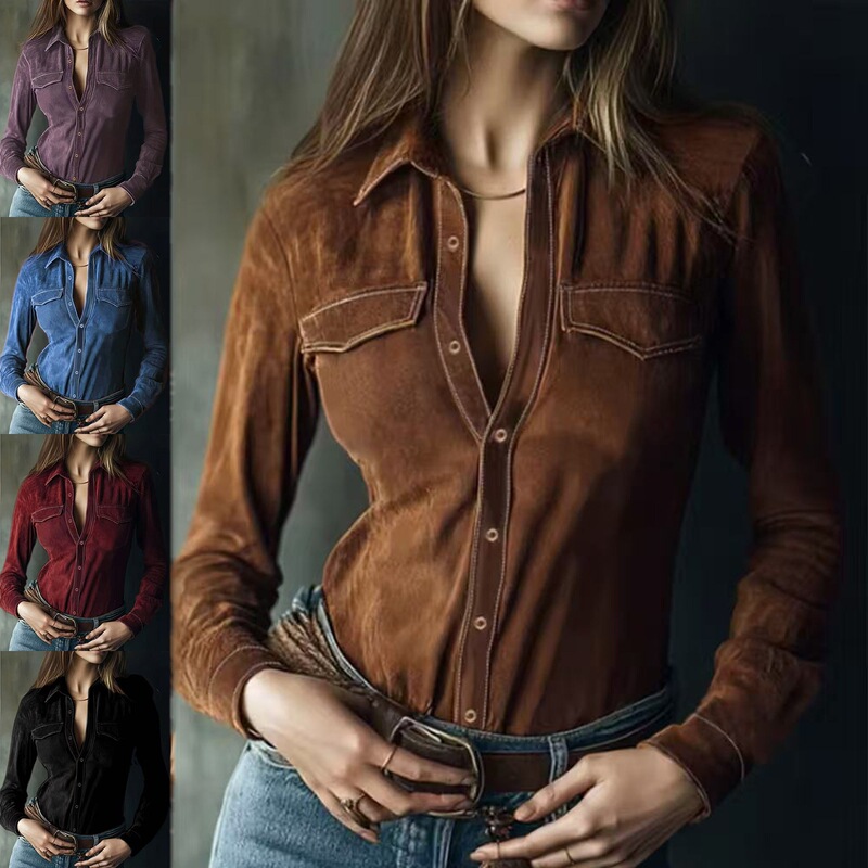 Cross-Border Foreign Trade Spring and Autumn Women's New Shirts and Tops Amazon Independent Site European and American Long-Sleeved Suede Shirts