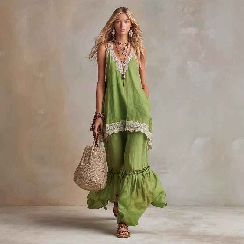 European and American cross-border independent websites, Amazon, and AliExpress: Bohemian-style women's resort wear with lace and spaghetti straps