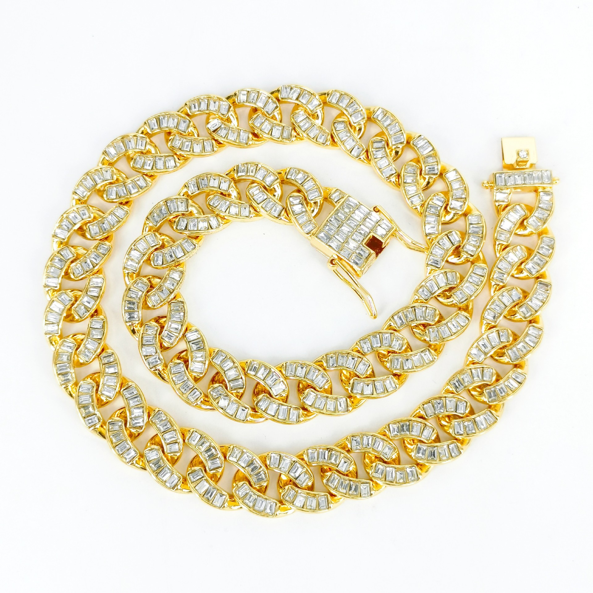 New 16mm rectangular glass necklace trendy Cuban chain with full diamond design alloy hip-hop style_voghion.com