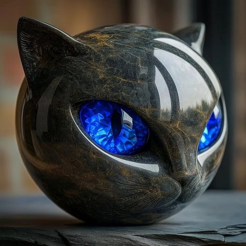 跨境Luxury Black Cat Stone Sculpture猫头黑猫摆件家居庭院设计|undefined