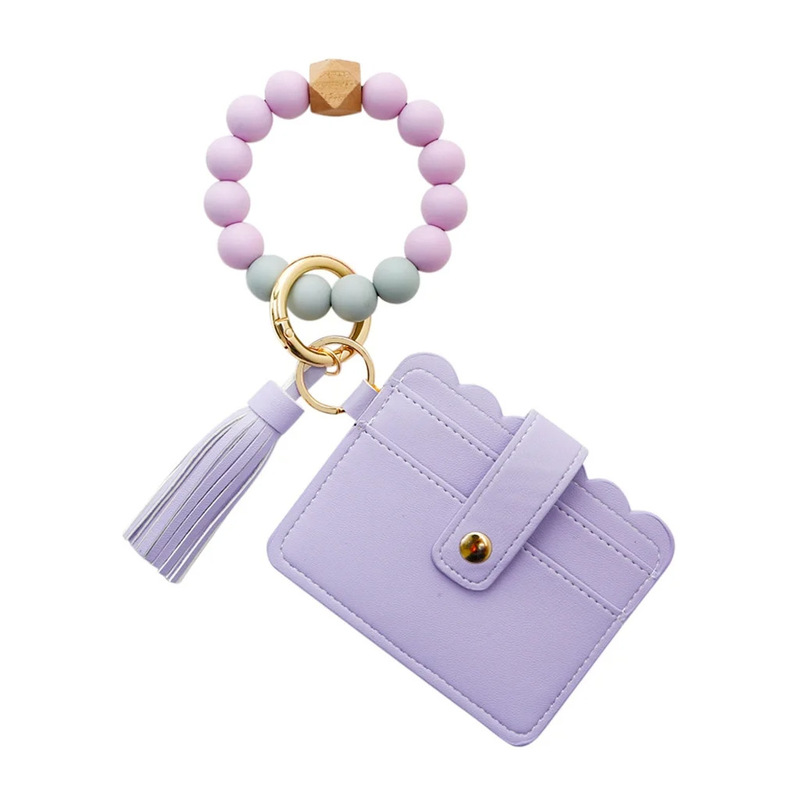 Amazon Silicone Bead Bracelet Tassel Wooden Beads Keychain Card Case Anti-loss Portable Bracelet Key Ring Bag Pendant