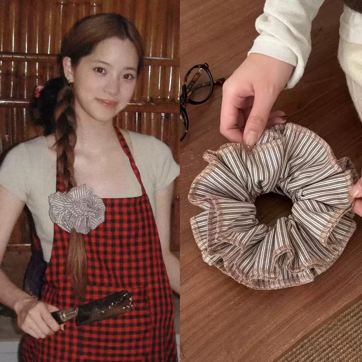 Ouyang Nana's same style coffee striped scrunchie for women, high-end hair accessory, high ponytail hair tie, bun elastic band