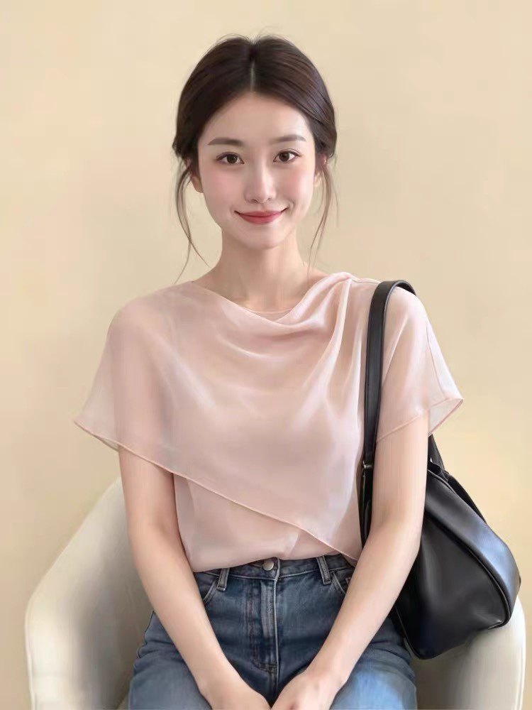 Áo sơ mi nữ tay ngắn cổ lắc choàng kiểu Pháp thiết kế sang trọng — màu hồng