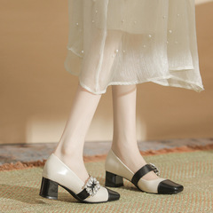 H978-23 Silver Mary Jane Shoes for Women, High Heel, College Style, One Strap, Water Diamond Buckle, 5CM Thick Heel