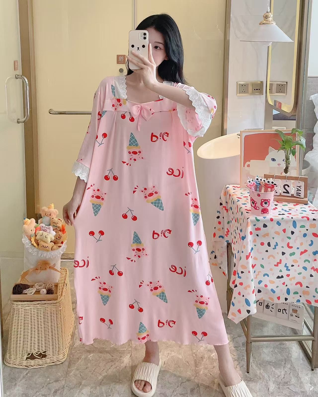 Transfronterizo al por mayor imitación de algodón dulce dibujos animados mangas cortas pijamas de primavera y otoño mujeres verano ropa larga y delgada suelta para el hogar