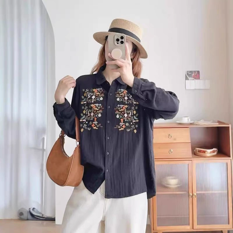 Garden Beauty одежда двухслойная пряжа рубашка женская осень новая вышивка с крючком отворот свободный кардиган