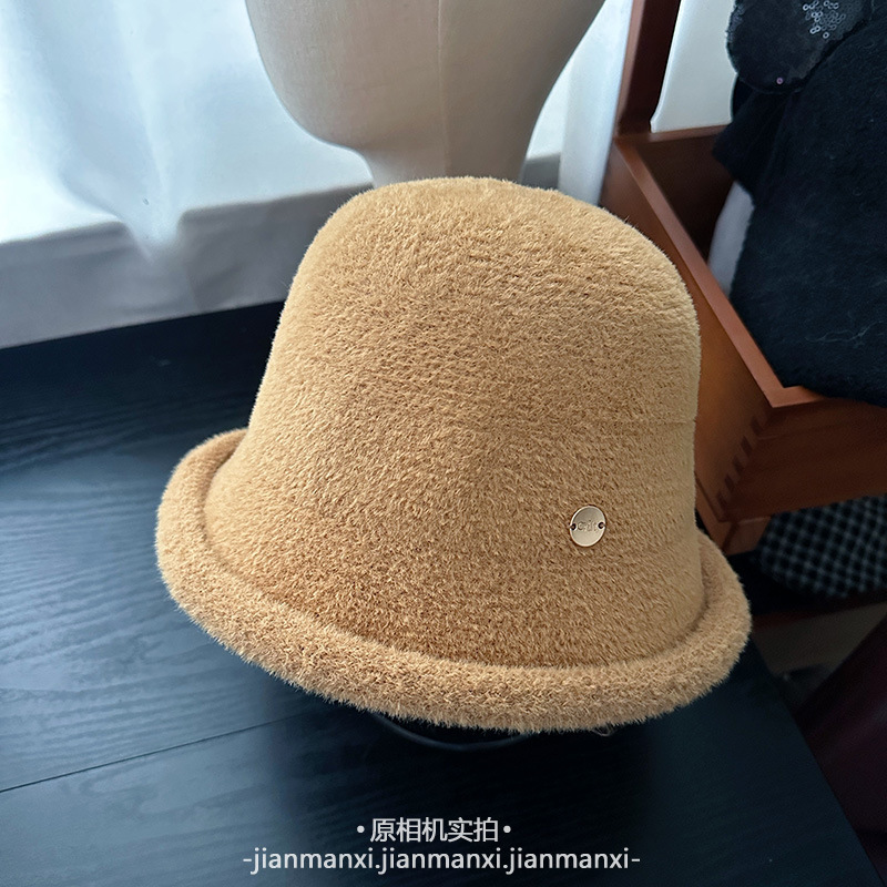 毛绒绒日系卷边盆帽女冬季加厚保暖盆帽优雅圆顶淑女帽子简约纯色|undefined