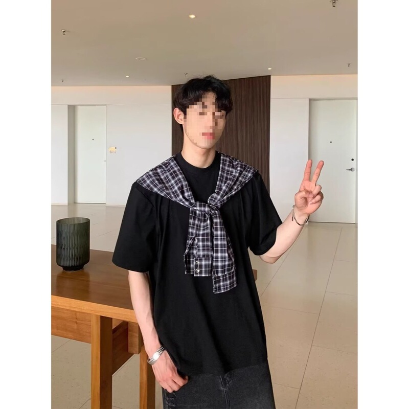 American Retro Plaid Shawl Fake Two-Piece Short-Sleeve T-Shirt for Women, New Summer Style, Loose Design, Niche Top, Ins American Retro Plaid Shawl Fake Two-Piece Short-Sleeve T-Shirt for Women, New Summer Style, Loose Design, Niche Top, Ins