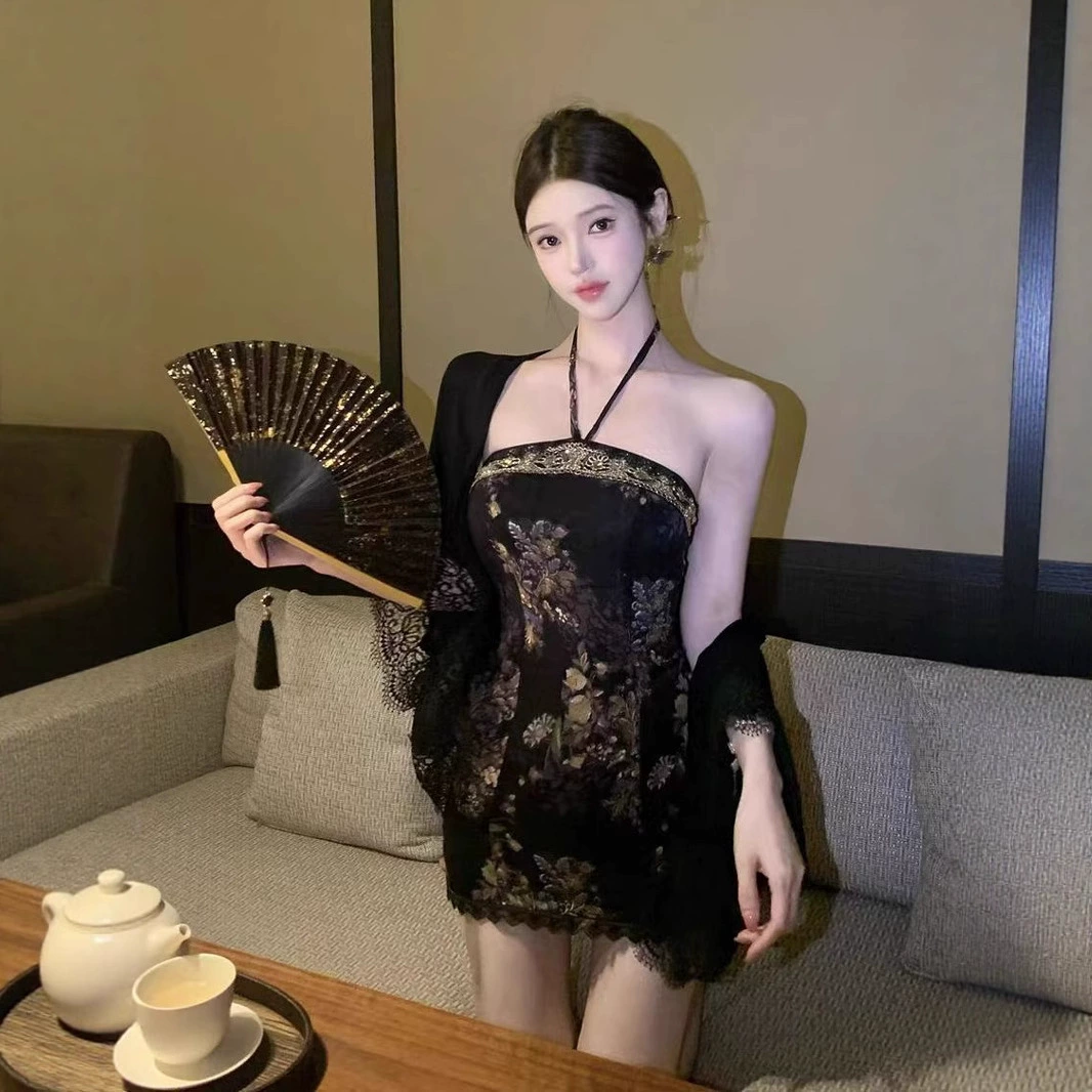 Новое китайское ретро-платье с цветочным принтом и воротником-халтер для женщин, летнее новое кружевное солнцезащитное платье для девушек, комплект из двух предметов