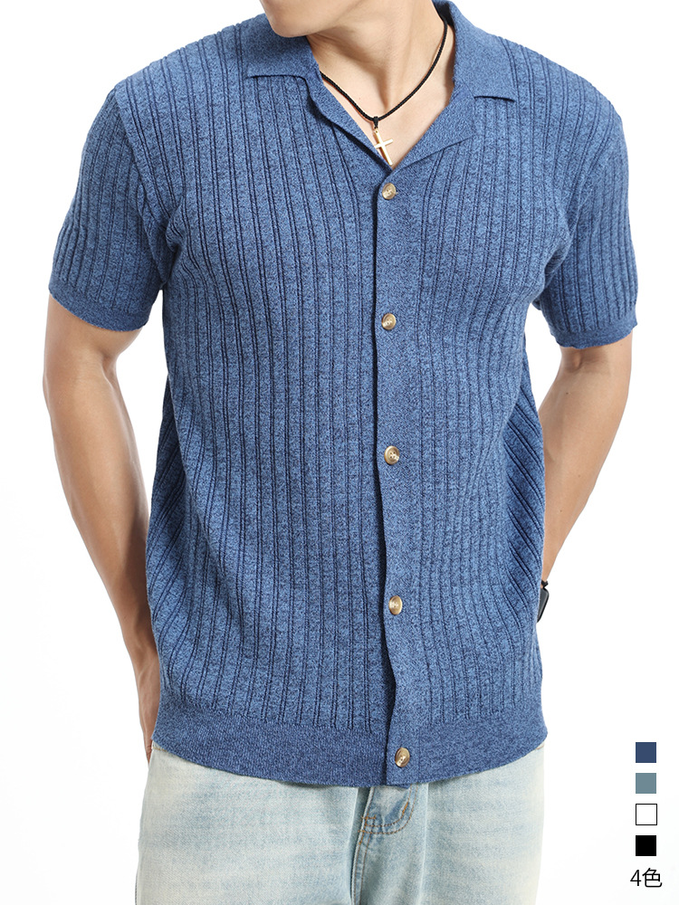 El estilo antiguo de la ventana de los hombres con solapa de seda de hielo polo de punto cardigan ligero de lujo texturas relajadas ropa de hombre casual camisa de manga corta hombre
