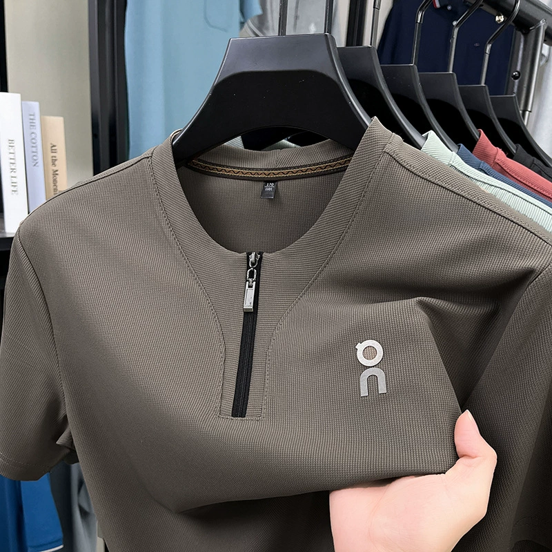 Живая мужская футболка с короткими рукавами на полпути на молнии 2025 летняя мужская мода повседневная куртка мужская футболка с короткими рукавами