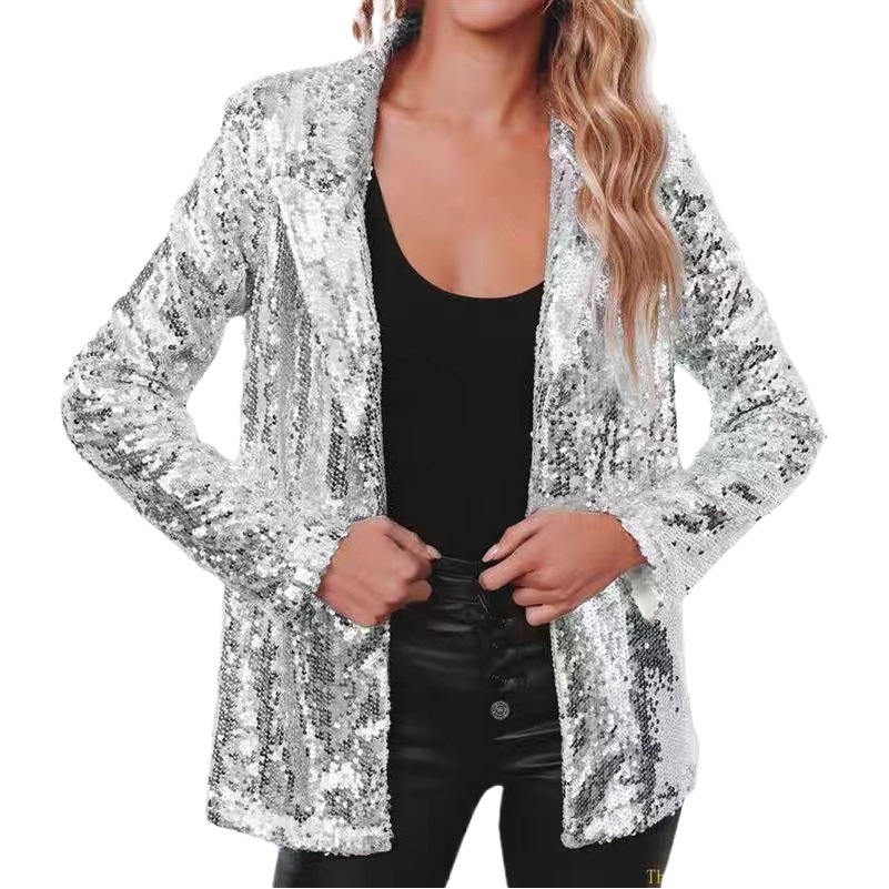 Small Suit Europe and America Amazon Cross-border New Commuter Style Cardigan Loose Long Sleeve Casual Sequin Suit Jacket for Women