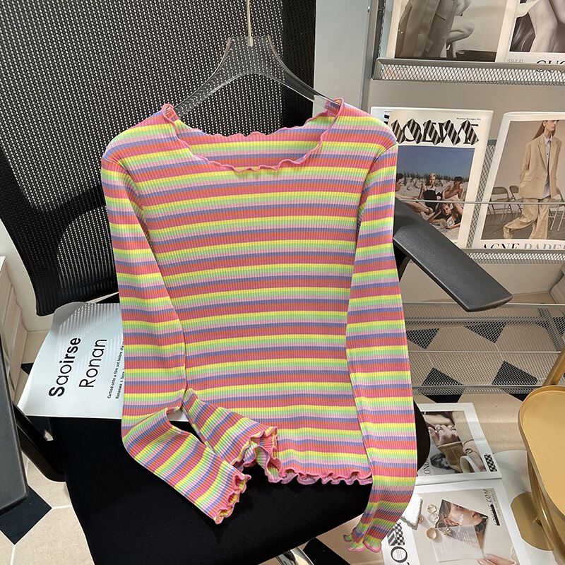 339 # Real Shot of 32-Count Pure Cotton Ruffled Striped Long-Sleeve T-Shirt for Women, Suitable as an Inner Layer or Outerwear for Spring and Autumn